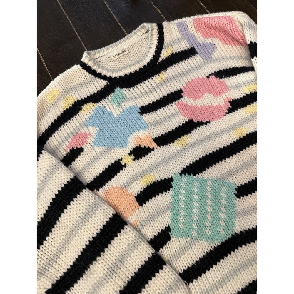 Handmade Chunky Knit Sweater Women L/XL Abstract Pastel Striped Art Pullover